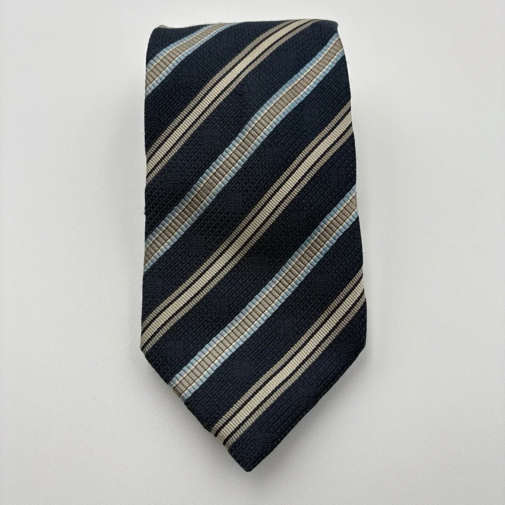 Givenchy Paris Silk Tie Navy Blue Tan Light Blue Diagonal Stripe Made in Italy